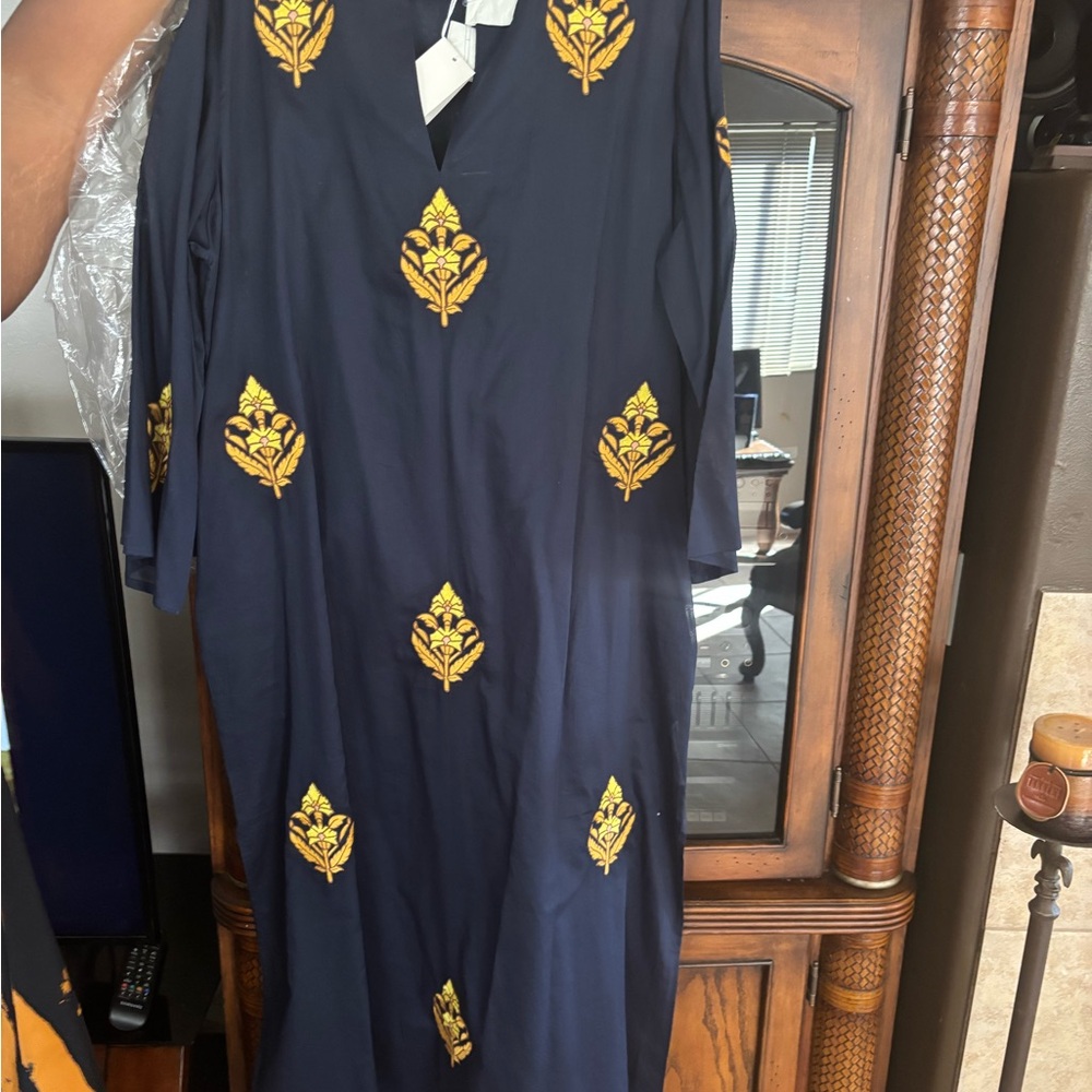 Tory Burch Dark Blue Dress with Yellow Embellishments